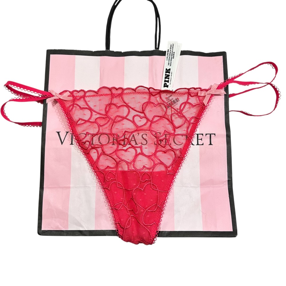 NWT Victoria's Secret PINK Red Heart Lace V String Thong Panty Large